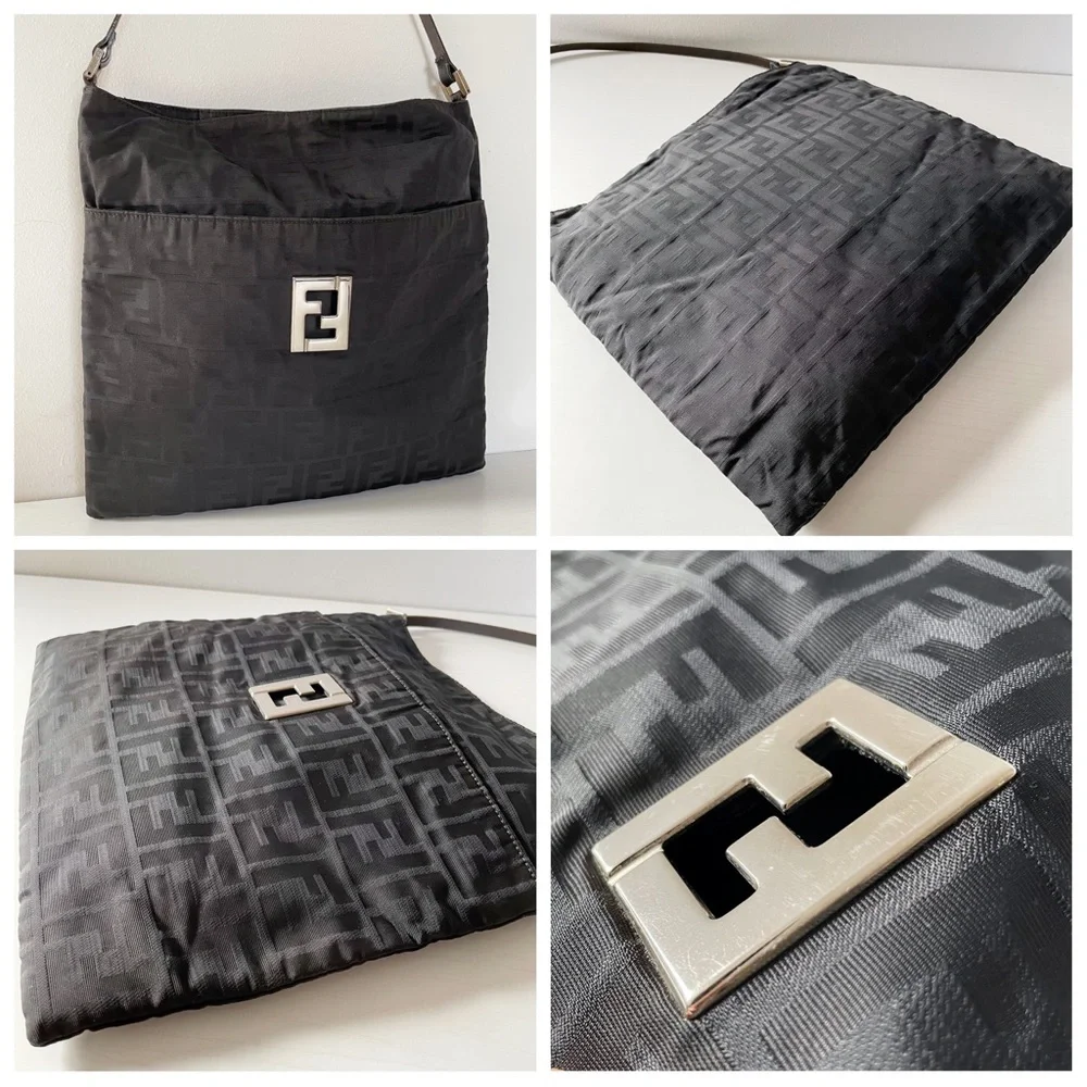 Fendi black monogram canvas large FF logo hobo shoulder bag
